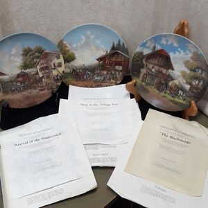 Von Christian Luckel's 3pc plate set Blacksmith, Stagecoach, Village Inn